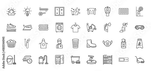 Cleaning and household services line icon set. Vector pictograms of house, lightbulb, window, washing machine, vacuum, mop, spray bottle, iron, towels, thin linear illustration.