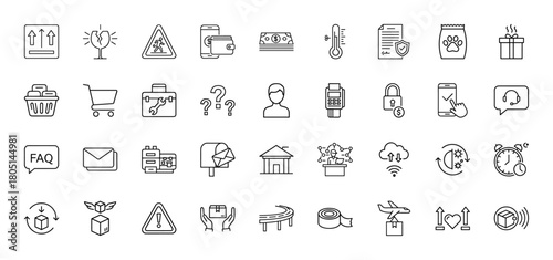 Business, logistics, and e-commerce line icon set. Vector pictograms of shipping boxes, shopping carts, mobile payments, security, support, and web services, thin linear illustration.