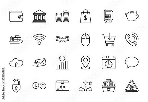 Business and technology line icon set. Vector pictograms of wallet, bank, shopping bag, cargo ship, airplane, cloud, mail, lock, and biohazard, thin linear illustration.