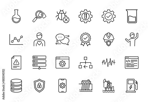 Technology, industry, and science line icon set. Vector pictograms of flask, bug, gear, graph, servers, database, shield, smartphone, dam, oil rig, gas pump, thin linear illustration.