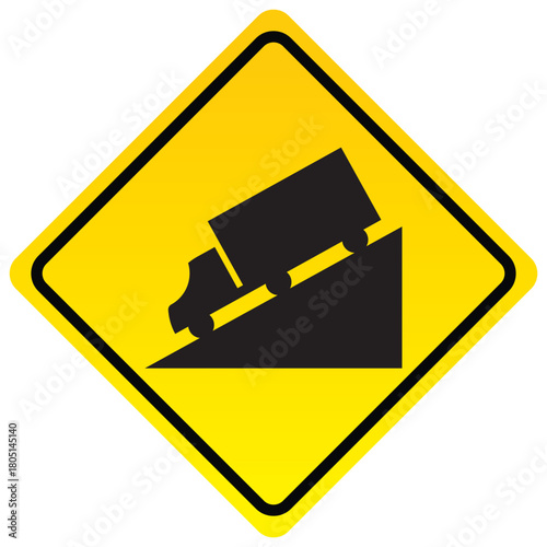 Steep downgrade warning sign yellow diamond shape with truck icon vector illustration for traffic safety and road regulations