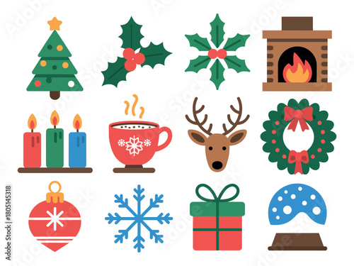 Collection of christmas themed vector icons including tree and wreath