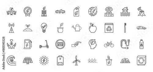 Ecology line icon set. Vector pictograms of eco meeting, green building, recycling, globe, polluted city, sprout, electric car, solar panel, wind turbine, and waste, thin linear illustration.