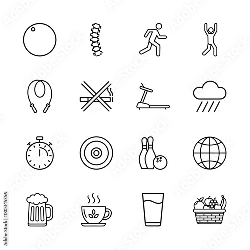 Health and fitness line icon set. Vector pictograms of yoga ball, spine, runner, jump rope, treadmill, stopwatch, bowling, drinks, and fruit, thin linear illustration.