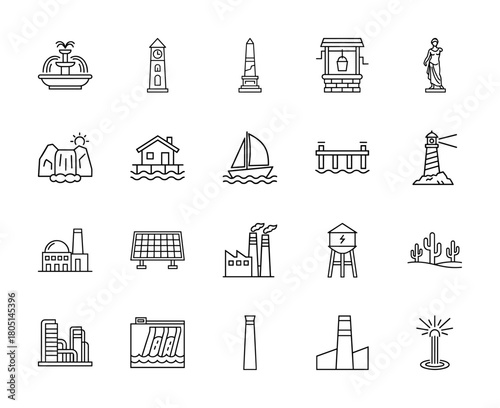 Architecture, nature, and industry line icon set. Vector pictograms of fountain, clock tower, monument, well, statue, waterfall, sailboat, and factory buildings, thin linear illustration.