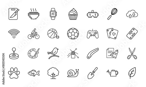 Lifestyle and leisure line icon set. Vector pictograms of grill, cupcake, smartwatch, VR headset, game controller, paint palette, bird, and leaf, thin linear illustration.
