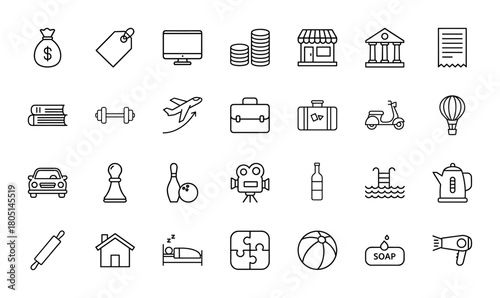 Lifestyle and everyday objects line icon set. Vector pictograms of money bag, price tag, shop, building, airplane, luggage, car, house, and bed, thin linear illustration.