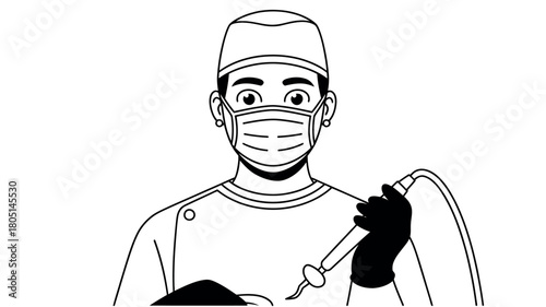 A medical professional wearing a mask and holding a medical instrument, ready for a procedure.