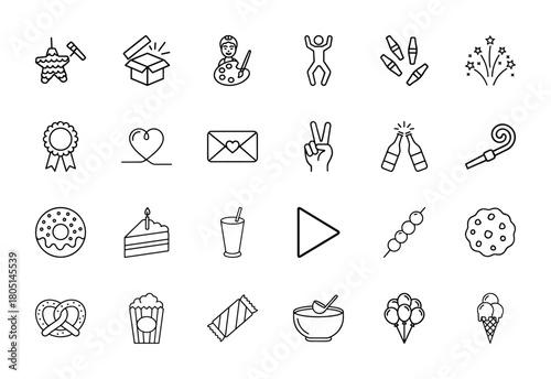 Celebration and party line icon set. Vector pictograms of piñata, gift box, fireworks, award ribbon, heart, clinking bottles, birthday cake, popcorn, and balloons, thin linear illustration.