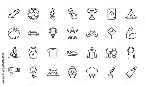 Lifestyle activities line icon set. Vector pictograms of skateboard, soccer ball, tent, car, bicycle, kettlebell, t-shirt, tree, mountains, and cloud, thin linear illustration.