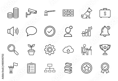Universal business line icon set. Vector pictograms of coins, security camera, firewall, growth chart, cloud storage, laptop, and awards, thin linear illustration.