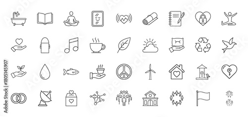 Wellness and lifestyle line icon set. Vector pictograms of meditation, book, coffee, leaf, recycle, house, community, and peace, thin linear illustration.