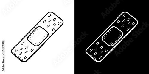 Adhesive bandage, isolated vector image, two design options on transparent and black backgrounds, pencil drawing, chalk drawing
