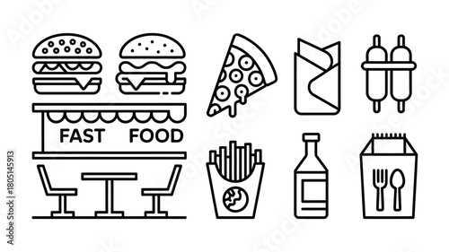 A collection of simple line art icons representing various fast food items and a food stall.
