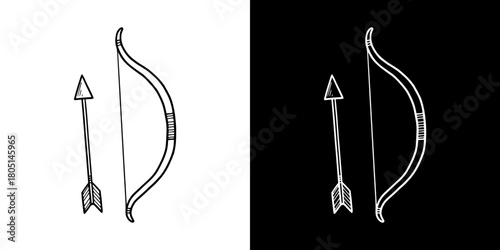 Arrow and bow illustration, isolated vector image, two design options on transparent and black backgrounds, pencil drawing, chalk drawing
