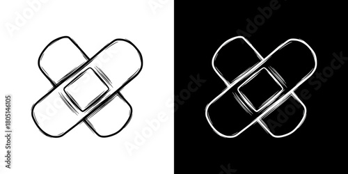Bandage graphic, isolated vector image, two design options on transparent and black backgrounds, pencil drawing, chalk drawing
