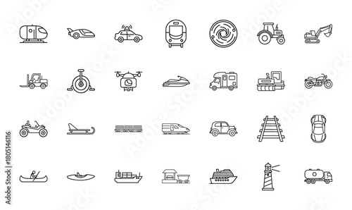 Transportation line icon set. Vector pictograms of helicopter, police car, train, tractor, excavator, forklift, drone, jet ski, and camper, thin linear illustration.