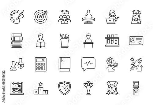 Education and learning line icon set. Vector pictograms of students, graduation cap, books, laboratory equipment, calculator, and achievement awards, thin linear illustration.