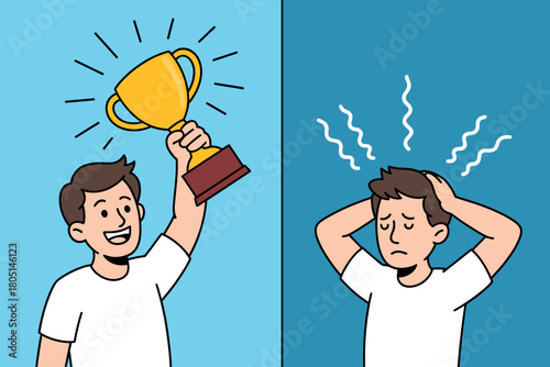 A person celebrating victory with a trophy stands in stark contrast to another person experiencing stress and anxiety.