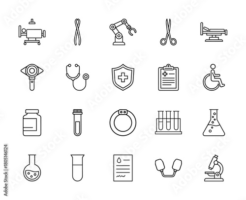 Medical and laboratory line icon set. Vector pictograms of operating table, robotic arm, stethoscope, medical record, wheelchair, test tubes, and microscope, thin linear illustration.