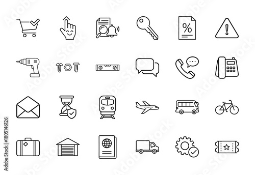Universal line icon set. Vector pictograms of shopping cart, hand gesture, drill, key, document, airplane, delivery truck, and ticket, thin linear illustration.