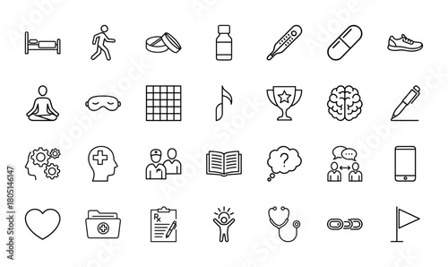 Health and wellness line icon set. Vector pictograms of bed, pills, brain, heart, stethoscope, book, phone, trophy, and meditation, thin linear illustration.