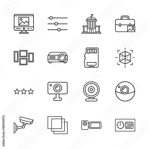 Digital media line icon set. Vector pictograms of monitor, settings, briefcase, projector, storage, 3D model, camera, and schedule, thin linear illustration.