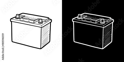 Car battery illustration, isolated vector image, two design options on transparent and black backgrounds, pencil drawing, chalk drawing
