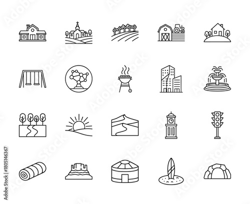 Location, nature, and lifestyle line icon set. Vector pictograms of houses, churches, buildings, swings, barbecues, fountains, deserts, and clock towers, thin linear illustration.