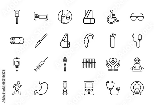 Healthcare and medical line icon set. Vector pictograms of crutch, hospital bed, wheelchair, oxygen tank, syringe, stethoscope, MRI scanner, and meditation, thin illustration.