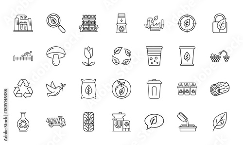 Ecology and agriculture line icon set. Vector pictograms of recycling, organic farming, water filtration, waste management, plants, and sustainable processes, thin linear illustration.
