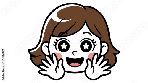 A happy cartoon girl with star-shaped eyes and rosy cheeks expresses excitement by holding her hands near her face.