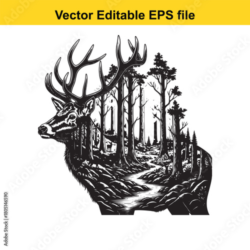 Double exposure of a majestic stag head superimposed with a dense forest landscape and winding river path, isolated on
