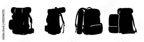 Set of black backpack silhouettes for travel