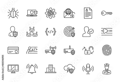 Cybersecurity line icon set. Vector pictograms of bug, laptop, gear, email, document, user, robots, code, target, card, router, fingerprint, cloud, and officer, thin linear illustration.