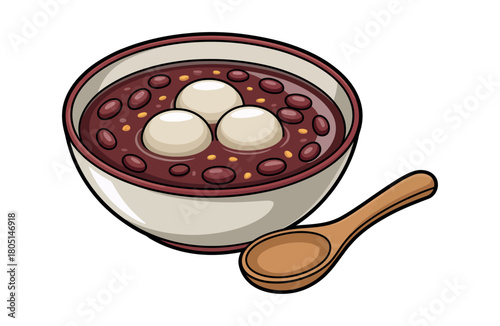 A bowl of sweet red bean soup with mochi balls and a wooden spoon is ready to be enjoyed.