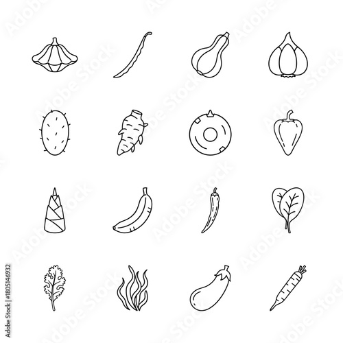 Produce line icon set. Vector pictograms of fresh vegetables and fruits including garlic, carrot, chili, banana, eggplant, and bamboo, thin linear illustration.