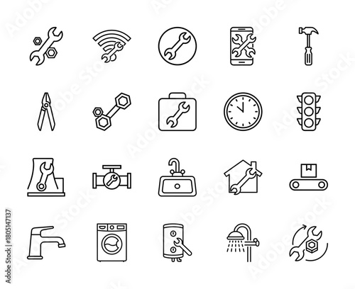 Repair and maintenance line icon set. Vector pictograms of wrenches, hammer, pliers, toolbox, sink, water heater, washing machine, and house, thin linear illustration.