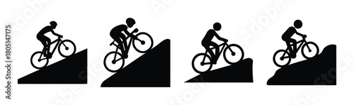 Bicyclists climbing uphill silhouette icons, active sport