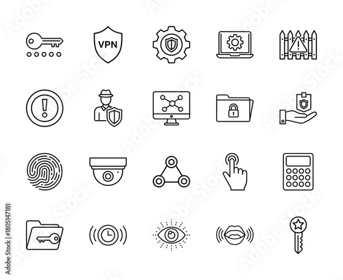 Cybersecurity & data protection line icons. A vector set of linear pictograms for digital security, data privacy, network monitoring, and threat alerts.