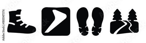 Hiking and outdoor adventure icon set with boots and path