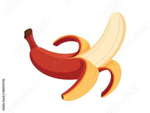 A red banana partially peeled showing the white fruit on white background