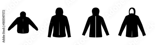 Four black hooded jacket clothing silhouettes, icons set