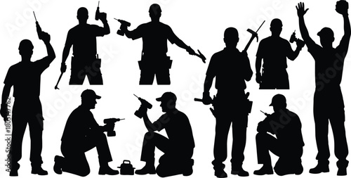 Silhouette set of construction workers, handyman team collection with tools, builder holding drill vector, men repairing, manual labor illustration.
