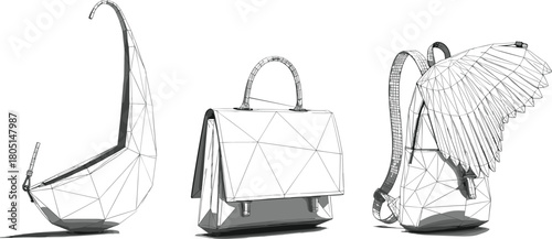 Set of Three Abstract Bag 3D Wireframe Models, Polygonal Mesh Structure, Backpack, Satchel, and Unique Design, Technical Low Poly Vector Concept.