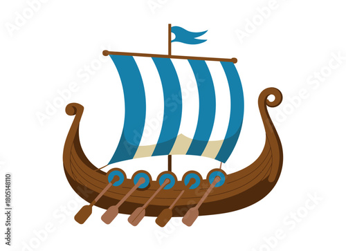 A detailed illustration of a classic Viking longship with blue and white striped sails and oars on a white background.