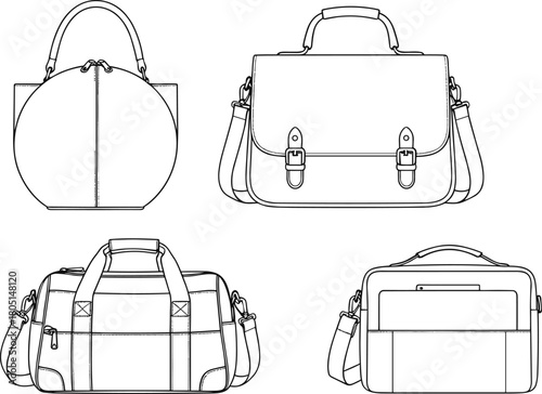 Pair of Bag Silhouettes: Duffle Bag and Business Briefcase, Isolated Black Vector Icons, Travel and Professional Accessory Concept, Side View Outline Design.