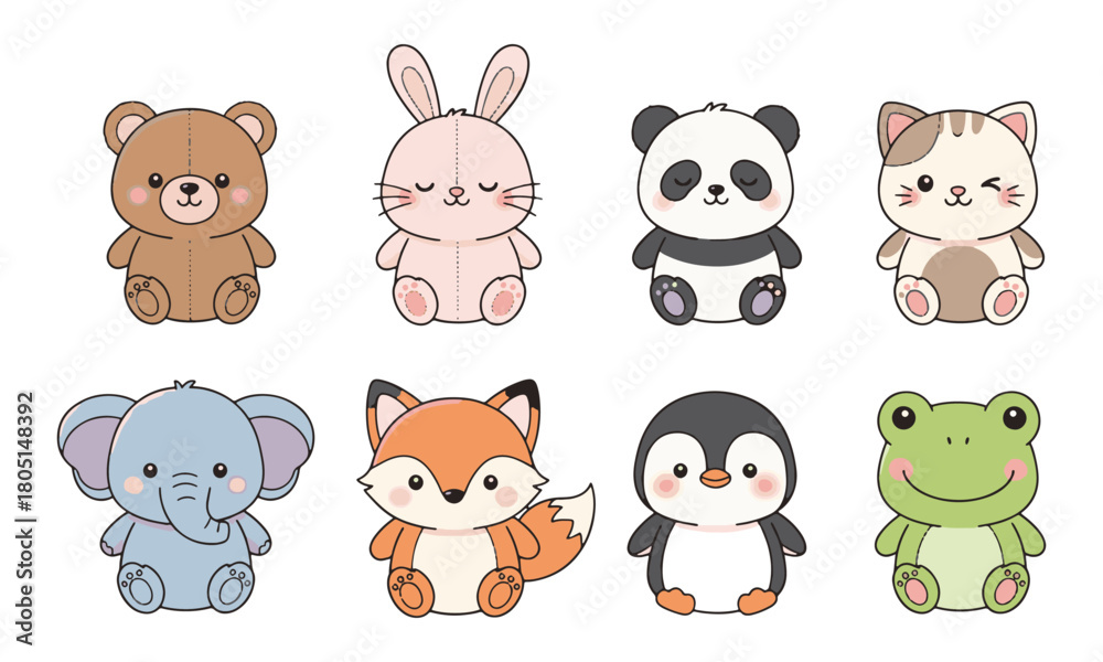 Fototapeta premium Adorable collection of cute cartoon animals including a bear, bunny, panda, cat, elephant, fox, penguin, and frog, perfect for children's designs and playful projects.