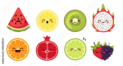 Adorable kawaii fruit characters delighting with happy smiles and playful expressions perfect for children's designs and healthy lifestyle promotions.