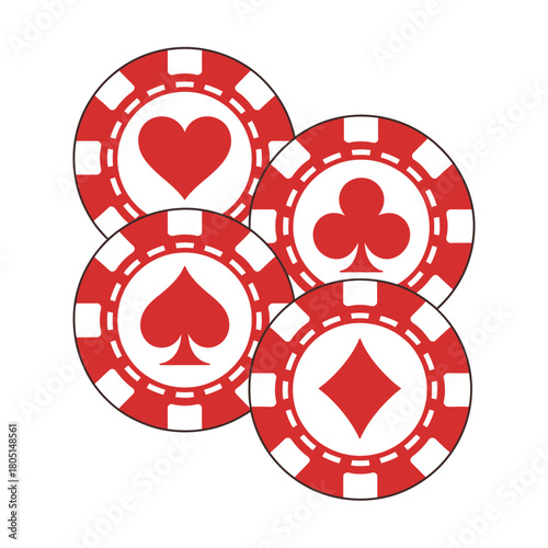 Four red poker chips with card suits are displayed on a white background.
